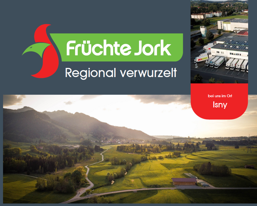 Werbeanzeige von Früchte Jork mit dem Slogan „Regional verwurzelt“, und einer  Landschaftsaufnahme von Isny im Allgäu.