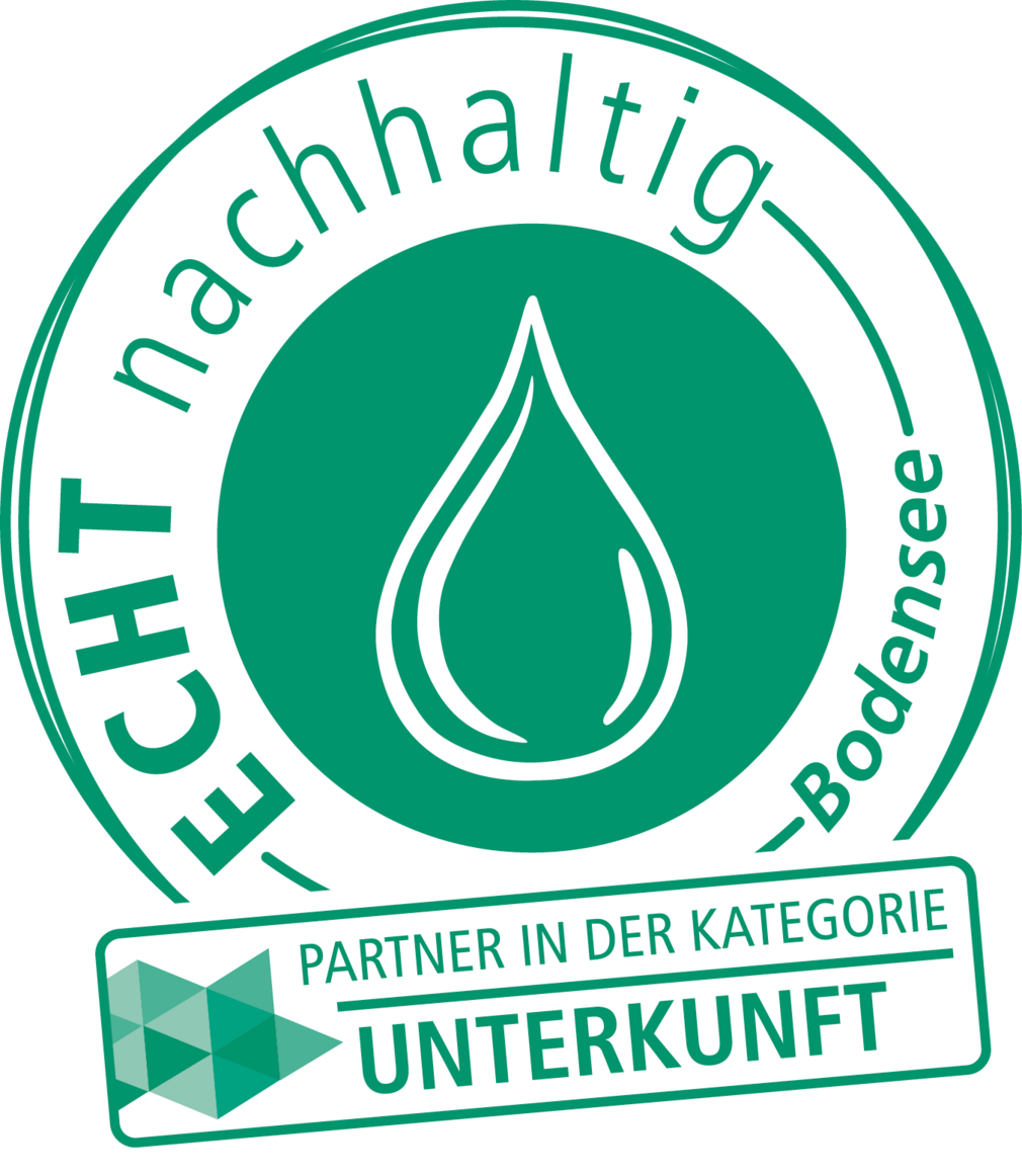 Nachhaltigkeitssiegel „ECHT nachhaltig – Bodensee“ für die Kategorie Unterkunft, mit grün-weißem Design.
