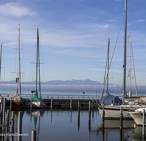 Segelboote im Hafen am Bodensee mit Blick auf die schneebedeckten Alpen unter einem klaren blauen Himmel.