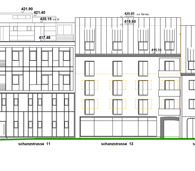 Schanz 132 Grundrisszeichnung eines Gebäudes mit zwei angrenzenden Baukörpern. Die Seitenansicht zeigt mehrere Fenster und verschiedene Höhenangaben. Beschriftungen geben die Adressen "schanzstrasse 11" und "schanzstrasse 13" an. Die Darstellung ist schematisch und in Schwarz-Weiß gehalten.