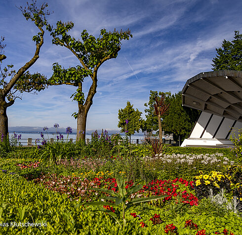 Blühende Blumenbeete und kunstvoll geschnittene Bäume säumen die Uferpromenade am Bodensee.
