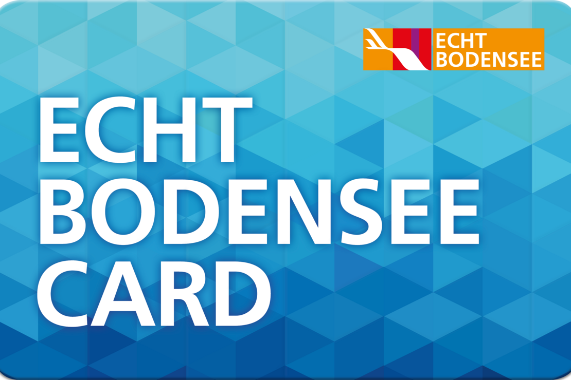 Blaue Karte mit dem Text "ECHT BODENSEE" und "CARD" in großen, weißen Lettern. Oben rechts befindet sich ein Logo mit den Farben orange, rot und weiß. Hintergrund in geometrischem Muster.
