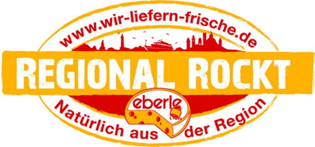 Logo für regionale Produkte mit der Aufschrift "REGIONAL ROCKT". Darunter steht "Natürlich aus der Region" und der Unternehmensname "eberle" mit einer Käseillustration. Im Hintergrund sind Silhouetten von Stadtlandschaften zu sehen.