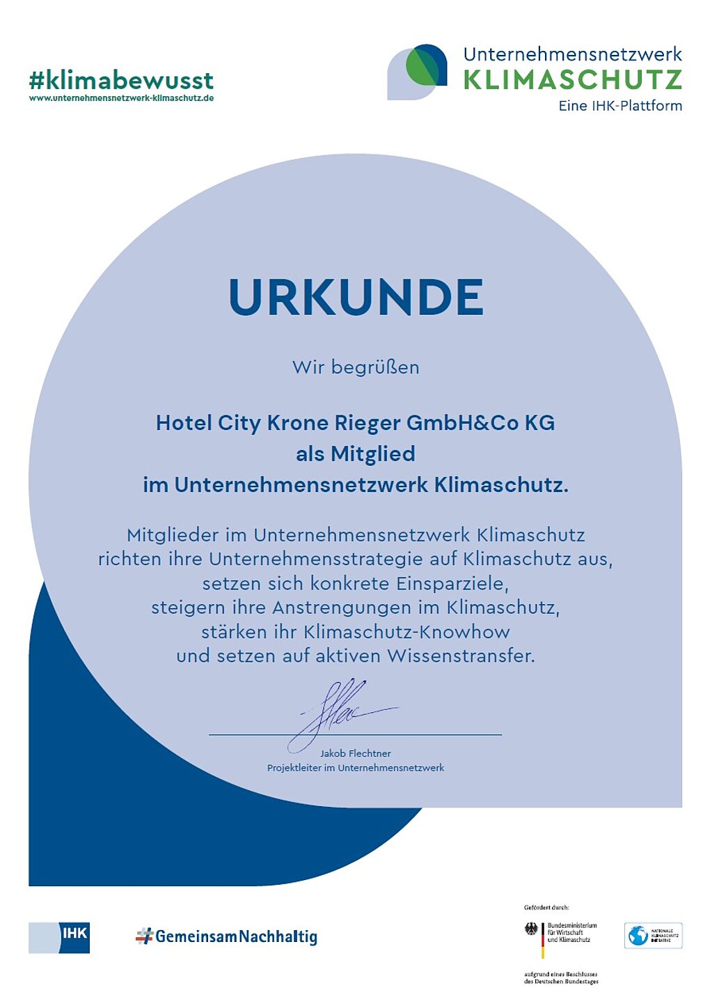 Nachhaltigkeits-Urkunde vom Hotel City Krone in Friedrichshafen.