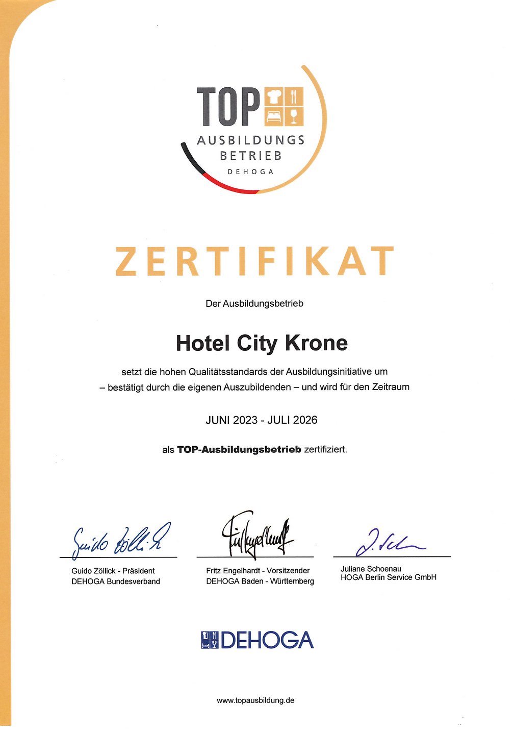 Zertifikat von Hotel City Krone in Friedrichshafen.